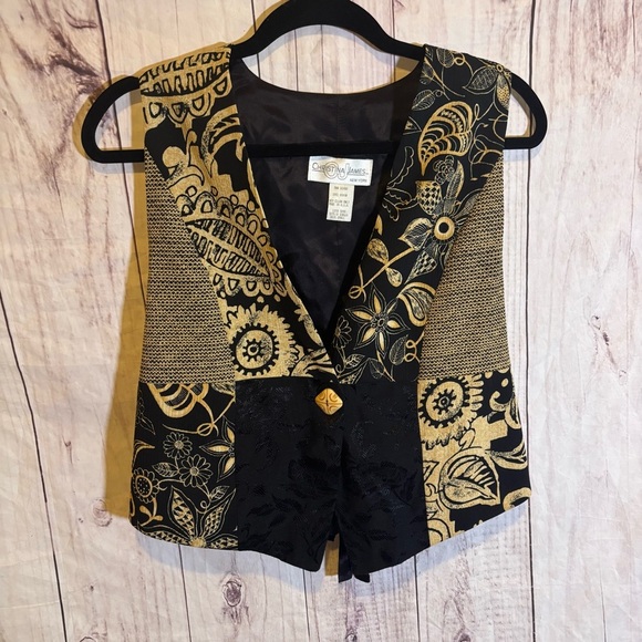 Vintage Black and Gold Patchwork Paisley Floral Patterned V-Neck Vest Small - Picture 1 of 6